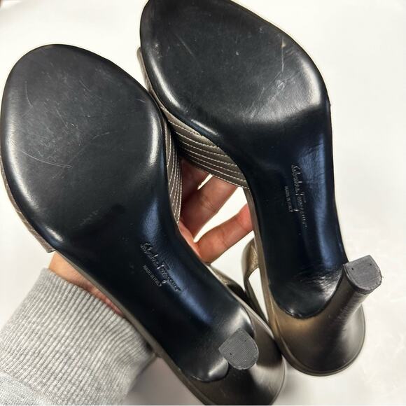 Salvatore Ferragamo Heels Womens 9 Bronze Slingback Open Toe Leather Pumps - Picture 9 of 13